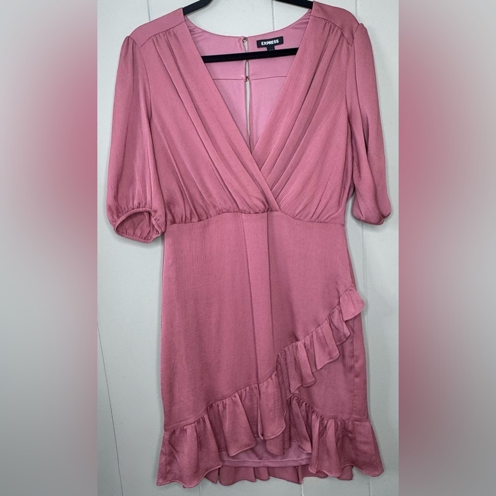Express Ruched Ruffle Faux Wrap Lined  Dusty Rose Mini Dress Medium